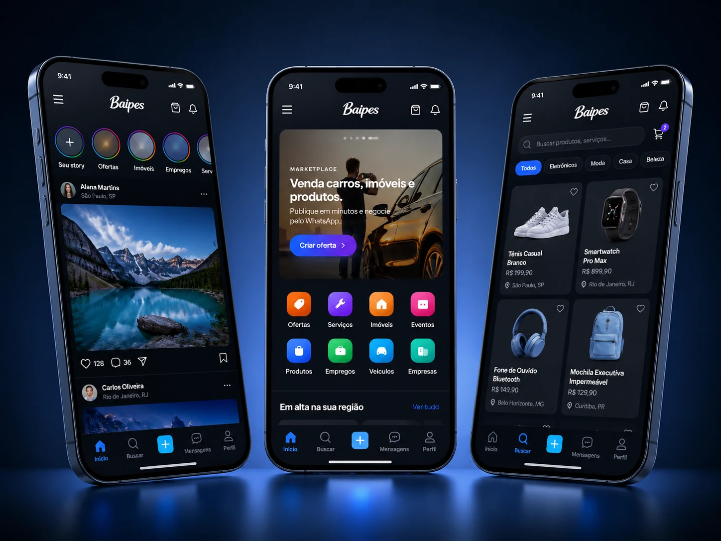 Telas do aplicativo Baipes: feed, lojas e produtos